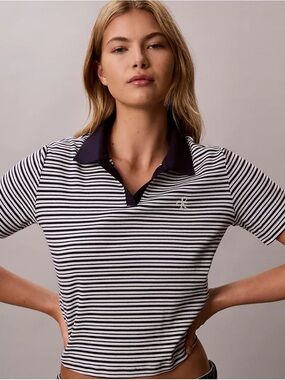 NWOT Calvin Klein Black & White Striped Polo Crop Top with Contrast Collar